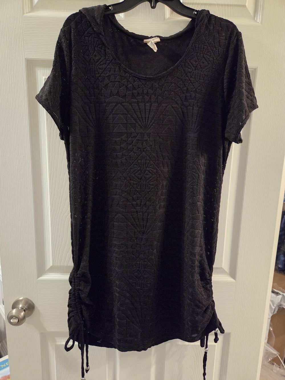 Black Textured Short-Sleeve Bathing Suit Coverup with Side Drawstrings And Hood